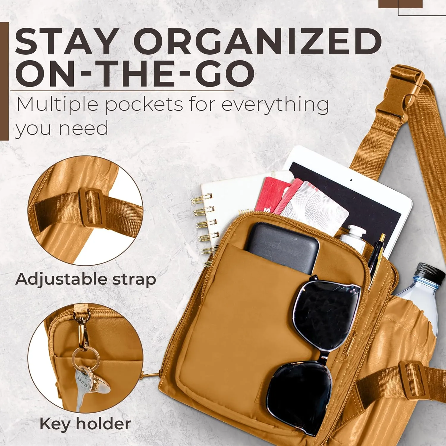 BUNSO Everyday Small Crossbody Bags for Women, Water-Resistant Sling Bag for Men with Waterbottle Holder, 7” x 2.5” x 9”