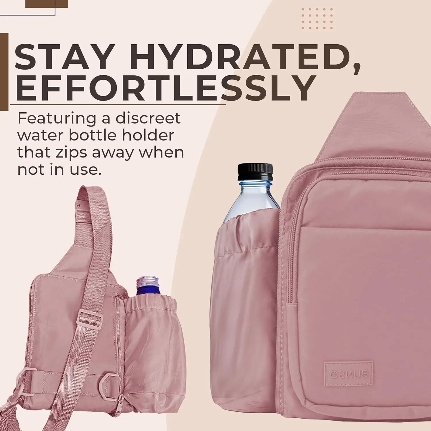 BUNSO Everyday Small Crossbody Bags for Women, Water-Resistant Sling Bag for Men with Waterbottle Holder, 7” x 2.5” x 9”
