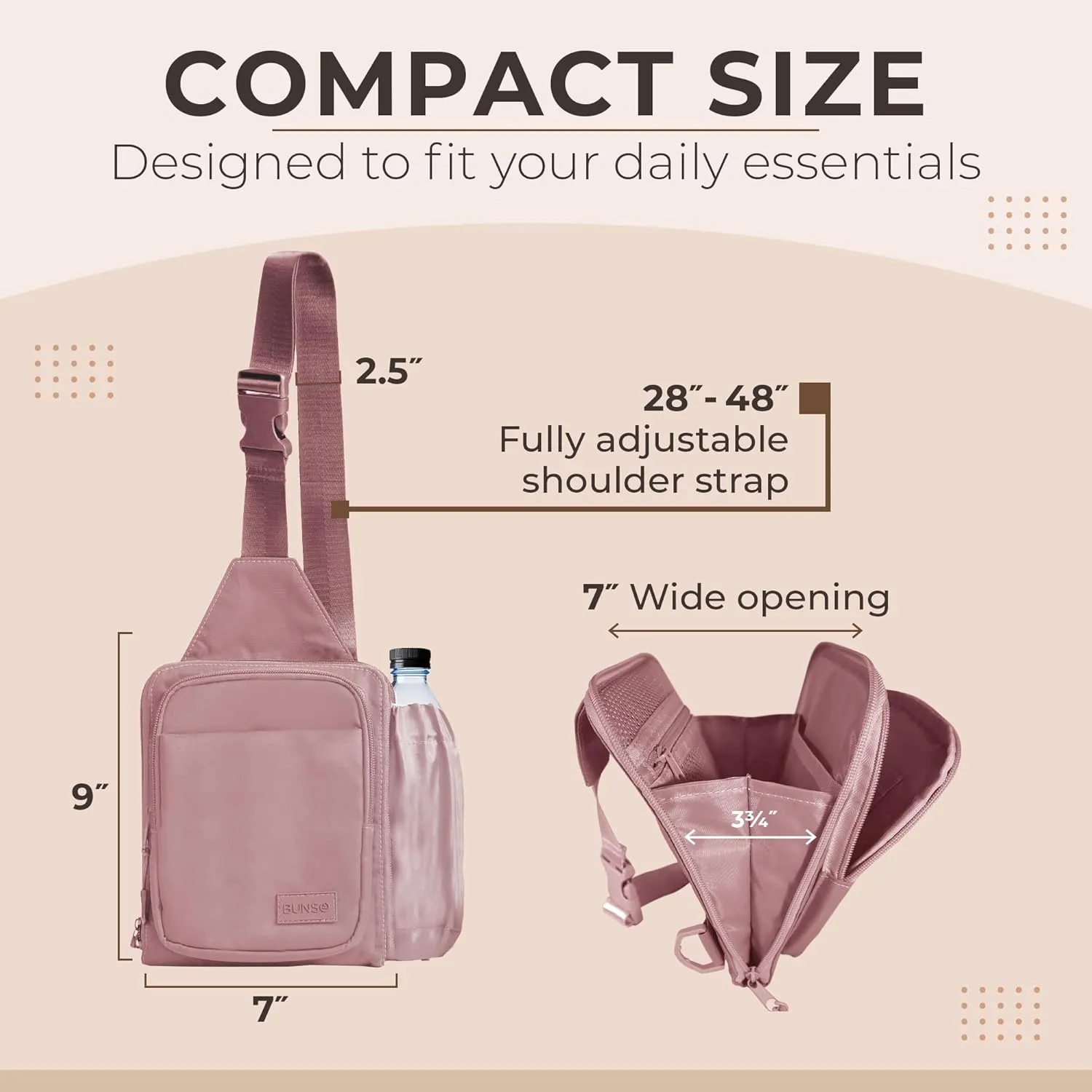 BUNSO Everyday Small Crossbody Bags for Women, Water-Resistant Sling Bag for Men with Waterbottle Holder, 7” x 2.5” x 9”