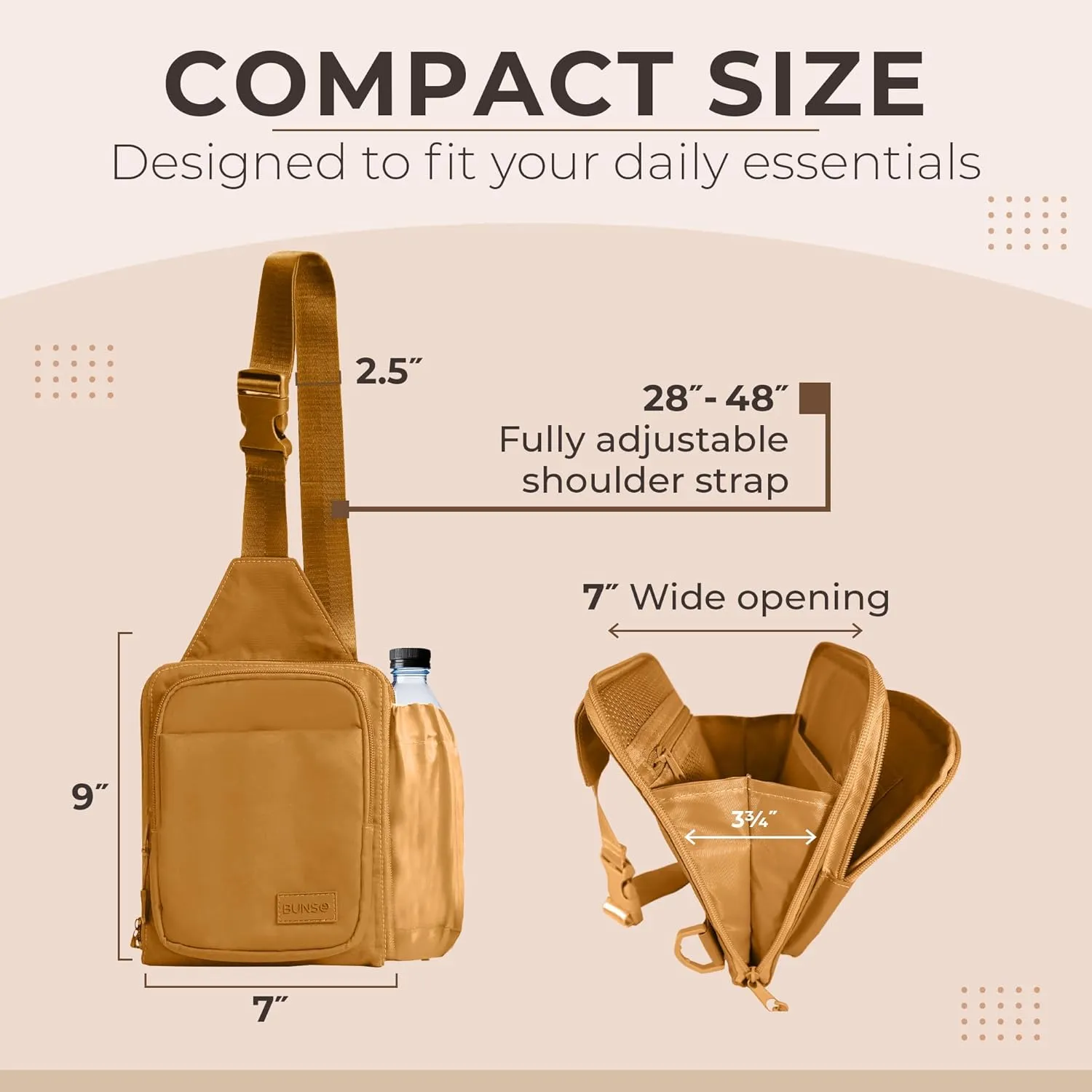 BUNSO Everyday Small Crossbody Bags for Women, Water-Resistant Sling Bag for Men with Waterbottle Holder, 7” x 2.5” x 9”