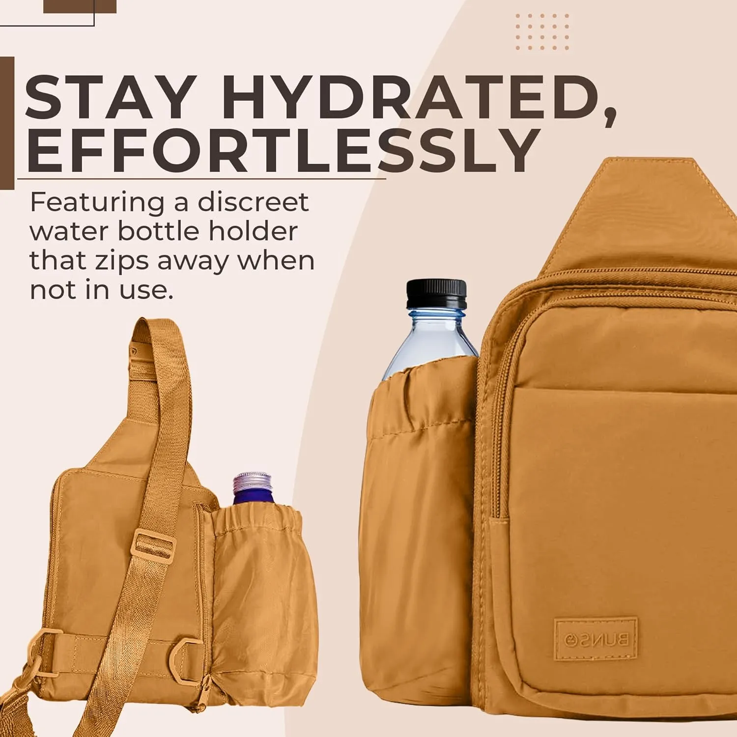 BUNSO Everyday Small Crossbody Bags for Women, Water-Resistant Sling Bag for Men with Waterbottle Holder, 7” x 2.5” x 9”