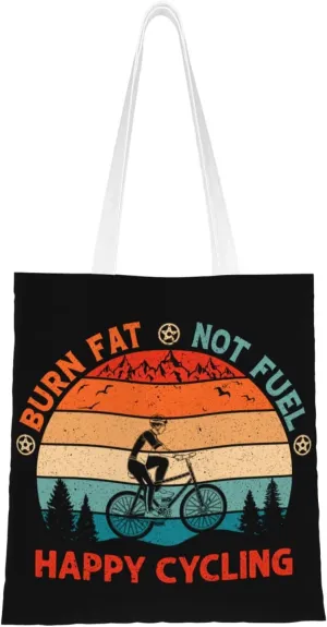 Burn Fat Not Fuel Happy Cycling Tote Bag for Women Canvas Shopping Bags Reusable Large Capacity Casual Shoulder Handbags Grocery Bags DIY Gift Bags