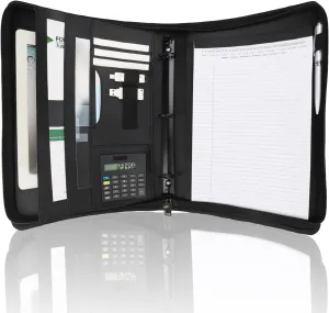 Business Portfolio with Zipper 3 Ring Binder Organizer - PU Leather Folder Padfolio Document Organizer with Solar Calculator,Writing Pad