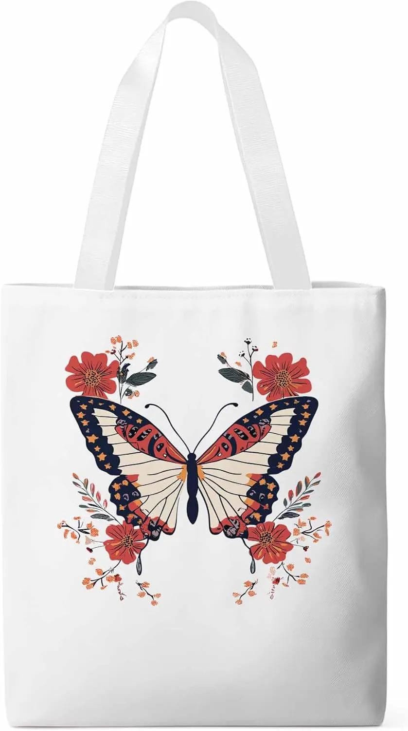 Butterfly Red Minimalist Flower Canvas Tote Bag, Aesthetic Canvas Tote Handbags for Women Shoulder Bag