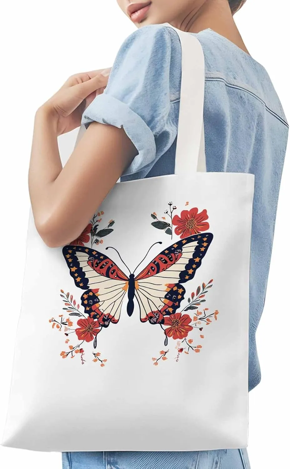 Butterfly Red Minimalist Flower Canvas Tote Bag, Aesthetic Canvas Tote Handbags for Women Shoulder Bag