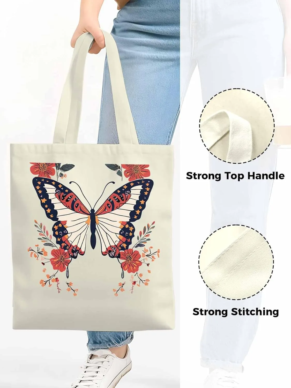 Butterfly Red Minimalist Flower Canvas Tote Bag, Aesthetic Canvas Tote Handbags for Women Shoulder Bag