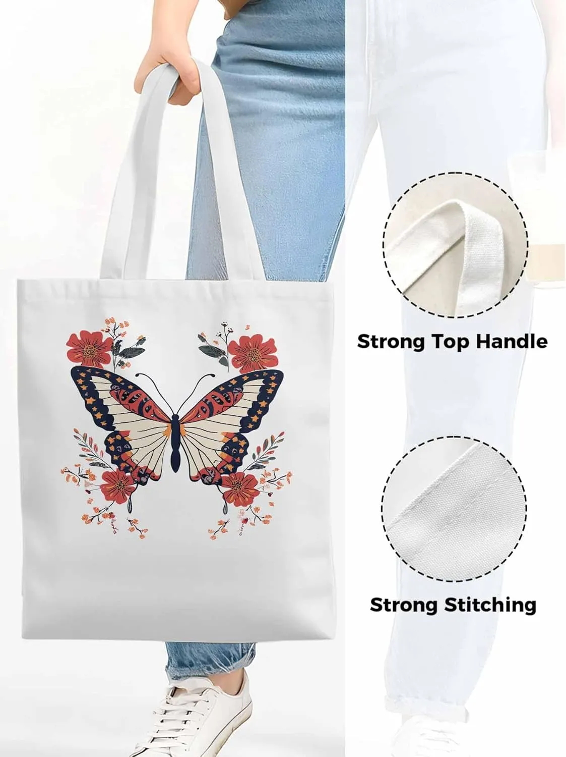 Butterfly Red Minimalist Flower Canvas Tote Bag, Aesthetic Canvas Tote Handbags for Women Shoulder Bag