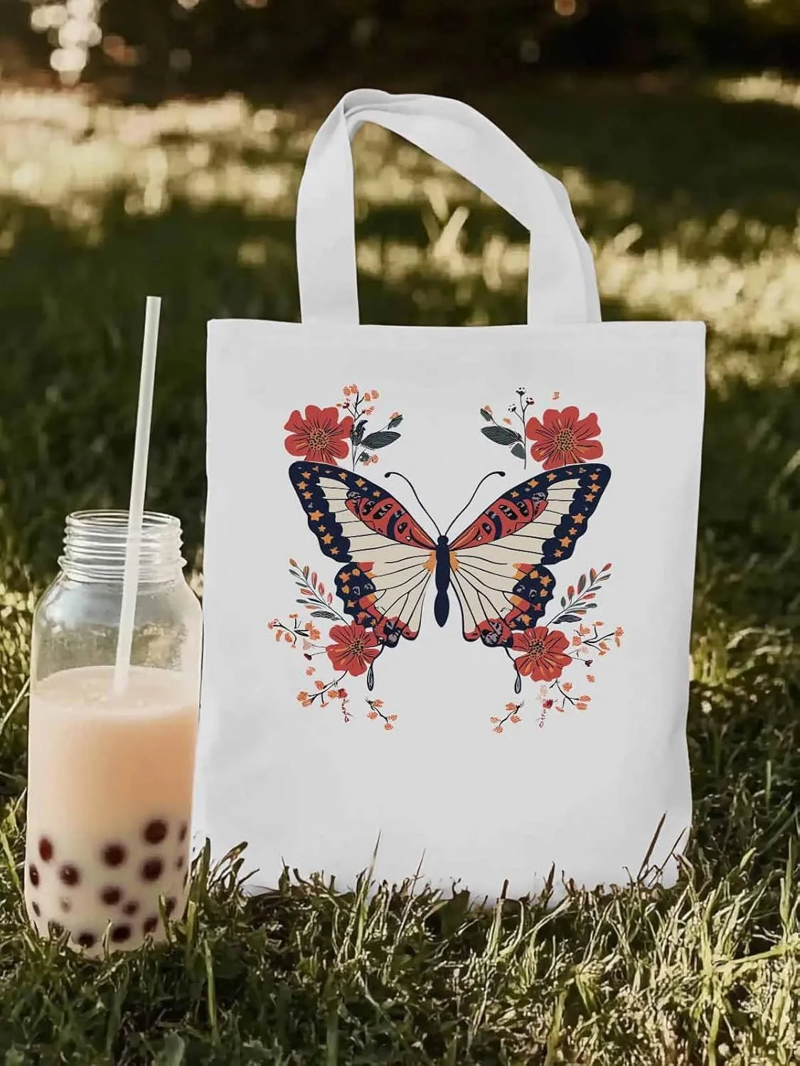 Butterfly Red Minimalist Flower Canvas Tote Bag, Aesthetic Canvas Tote Handbags for Women Shoulder Bag