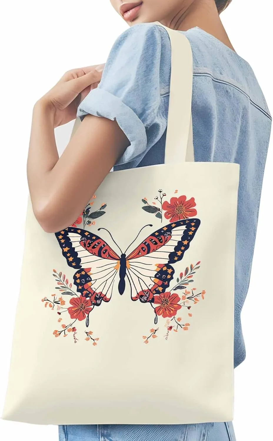 Butterfly Red Minimalist Flower Canvas Tote Bag, Aesthetic Canvas Tote Handbags for Women Shoulder Bag