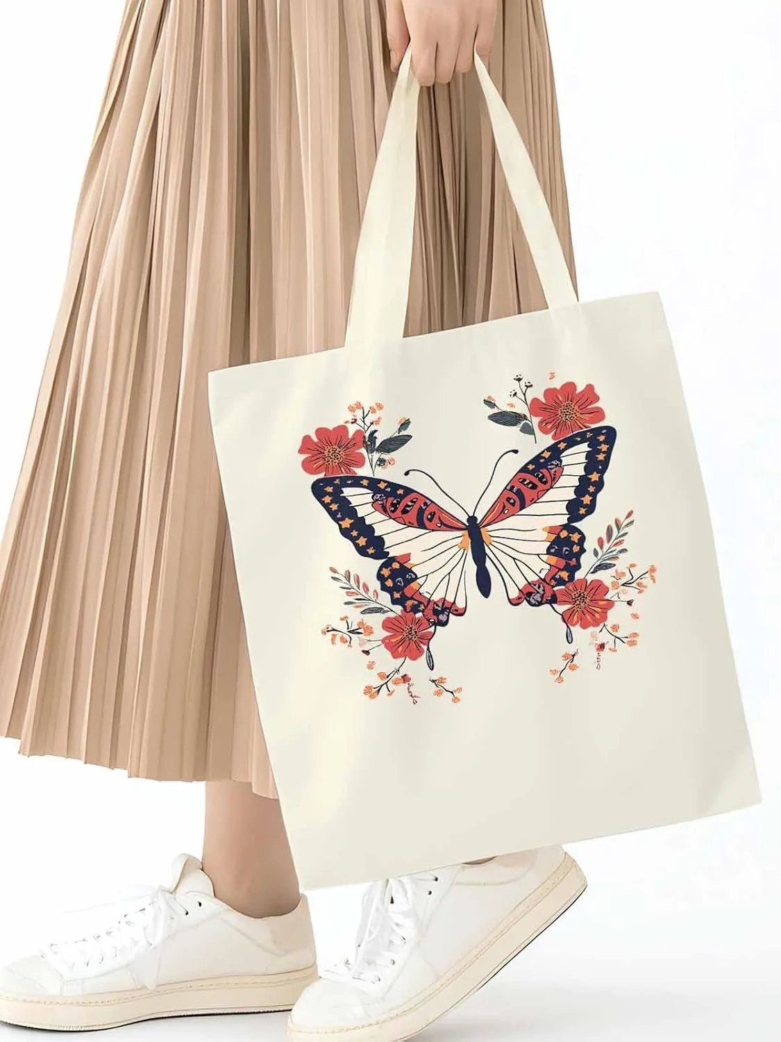 Butterfly Red Minimalist Flower Canvas Tote Bag, Aesthetic Canvas Tote Handbags for Women Shoulder Bag