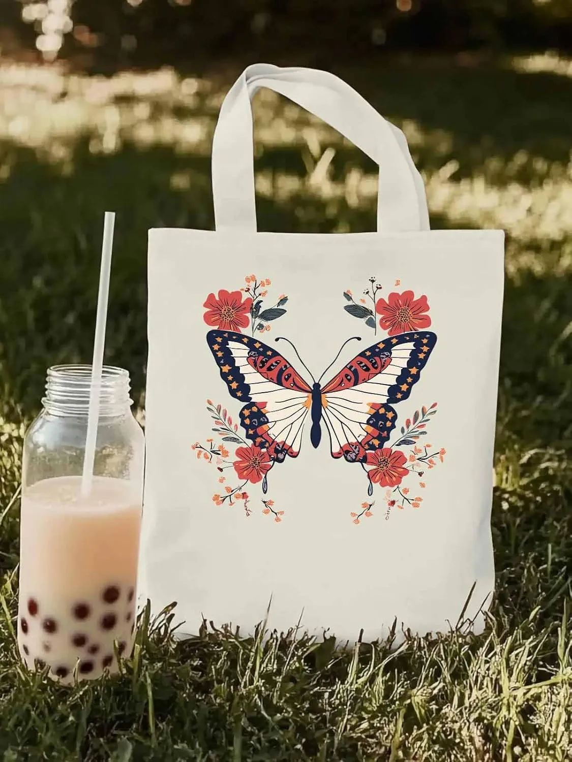 Butterfly Red Minimalist Flower Canvas Tote Bag, Aesthetic Canvas Tote Handbags for Women Shoulder Bag