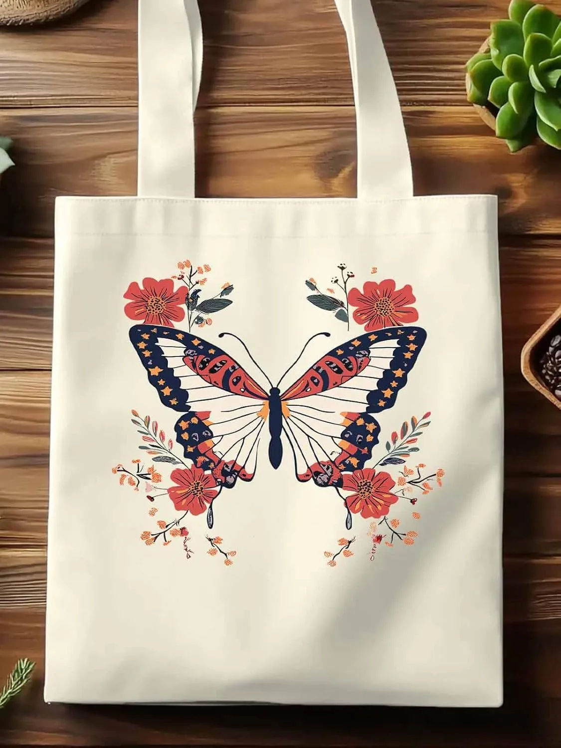 Butterfly Red Minimalist Flower Canvas Tote Bag, Aesthetic Canvas Tote Handbags for Women Shoulder Bag