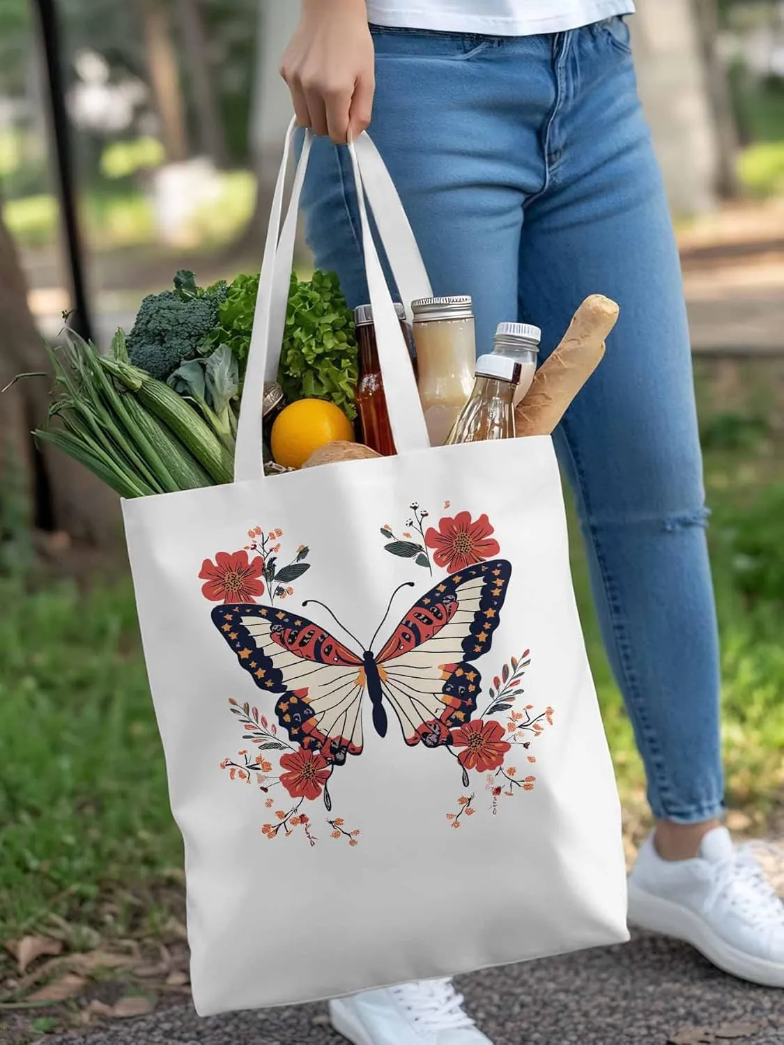 Butterfly Red Minimalist Flower Canvas Tote Bag, Aesthetic Canvas Tote Handbags for Women Shoulder Bag