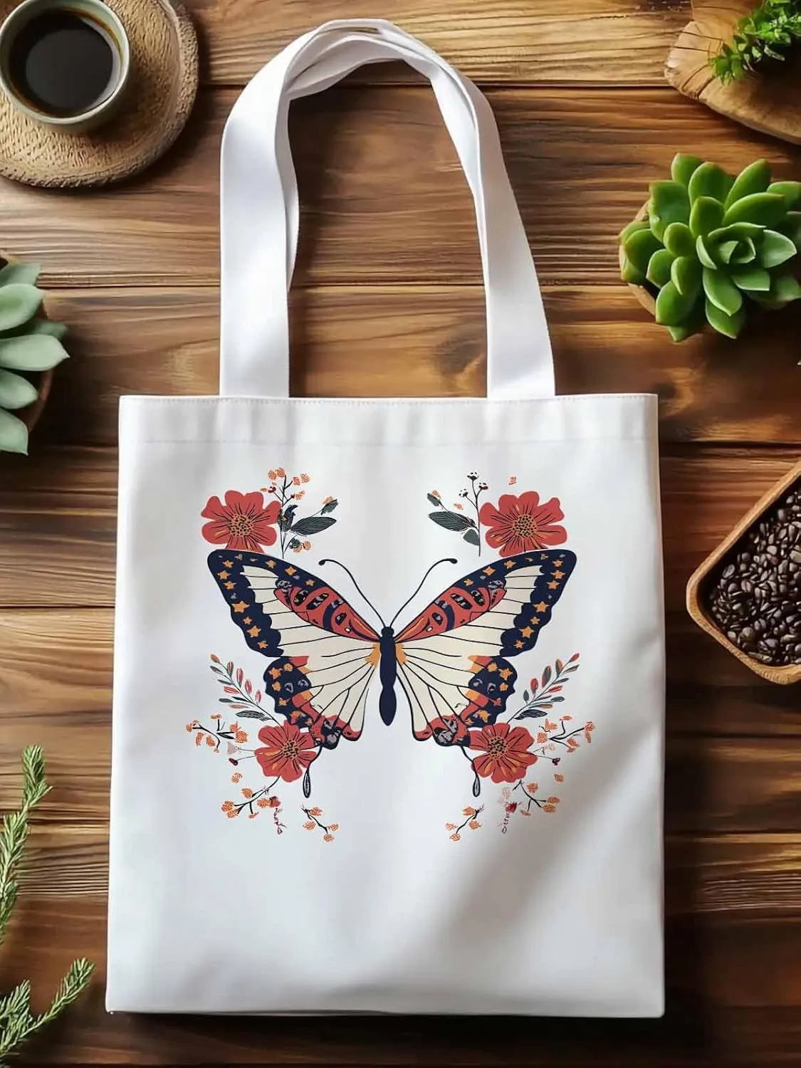 Butterfly Red Minimalist Flower Canvas Tote Bag, Aesthetic Canvas Tote Handbags for Women Shoulder Bag
