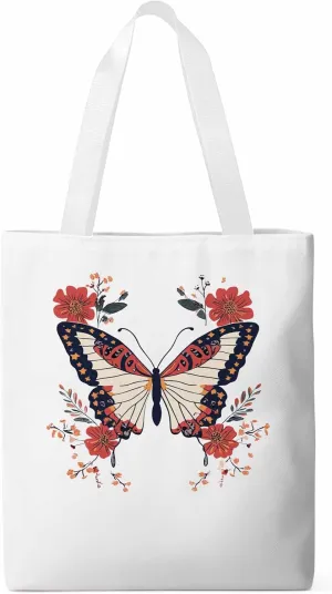 Butterfly Red Minimalist Flower Canvas Tote Bag, Aesthetic Canvas Tote Handbags for Women Shoulder Bag