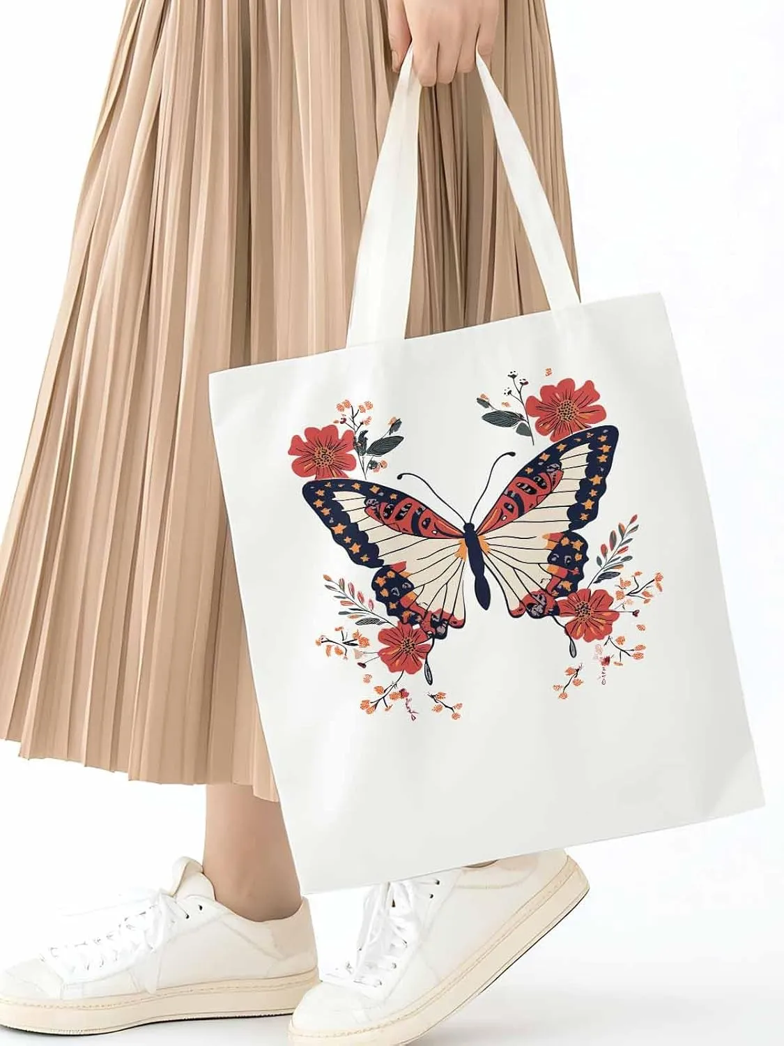 Butterfly Red Minimalist Flower Canvas Tote Bag, Aesthetic Canvas Tote Handbags for Women Shoulder Bag