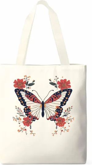 Butterfly Red Minimalist Flower Canvas Tote Bag, Aesthetic Canvas Tote Handbags for Women Shoulder Bag