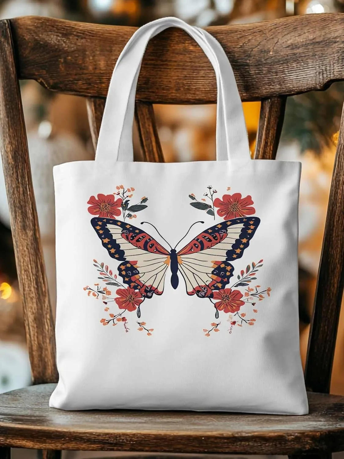 Butterfly Red Minimalist Flower Canvas Tote Bag, Aesthetic Canvas Tote Handbags for Women Shoulder Bag