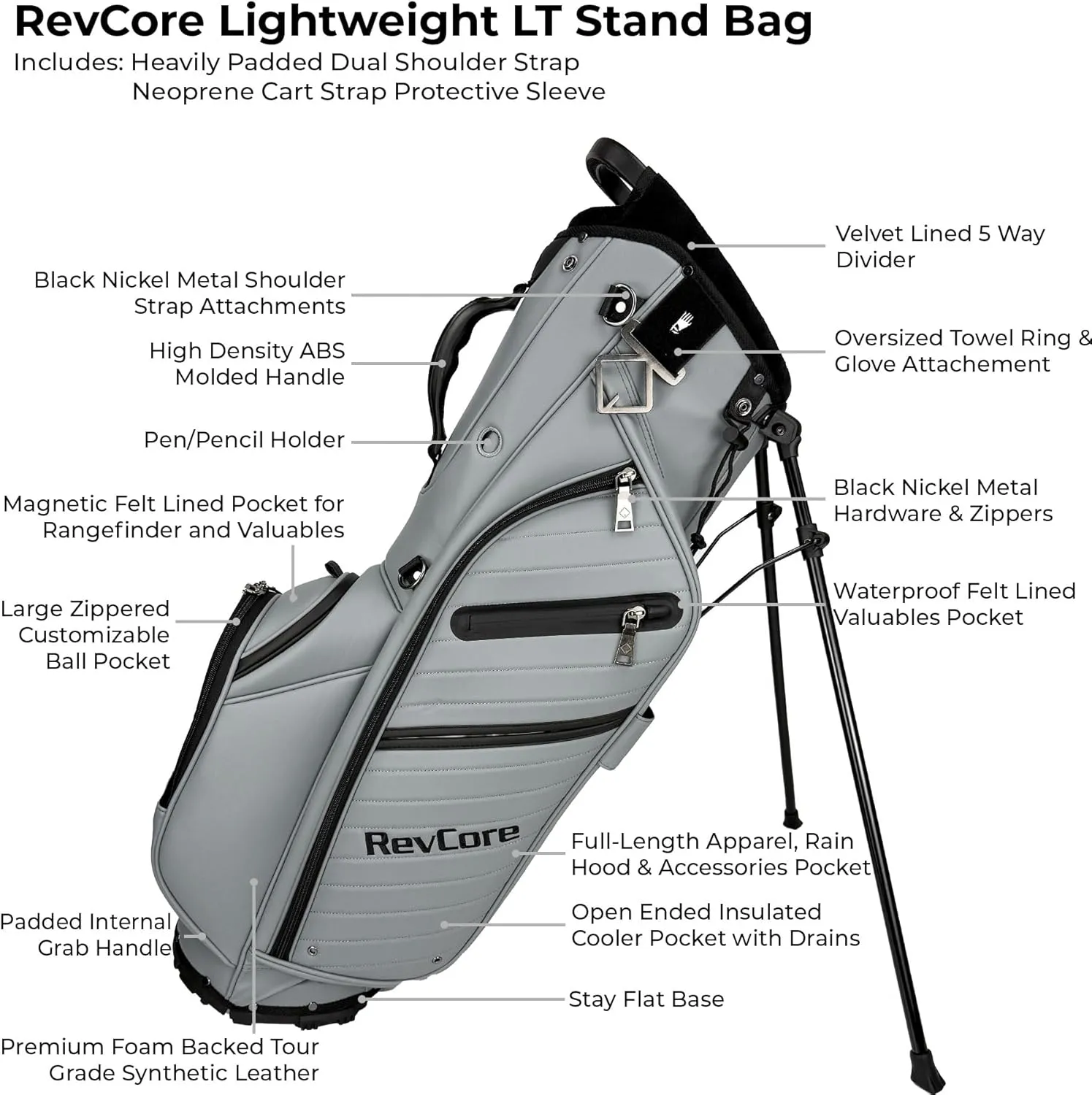 CaddyDaddy RevCore LT Lightweight Lux Stand Bag for Men and Women Golfers, Synthetic Leather, 5.5lbs, 6 Pockets, 5-Way Full Length Divider, Insulated Cooler Pocket, Rain Hood, Golf Club Bag