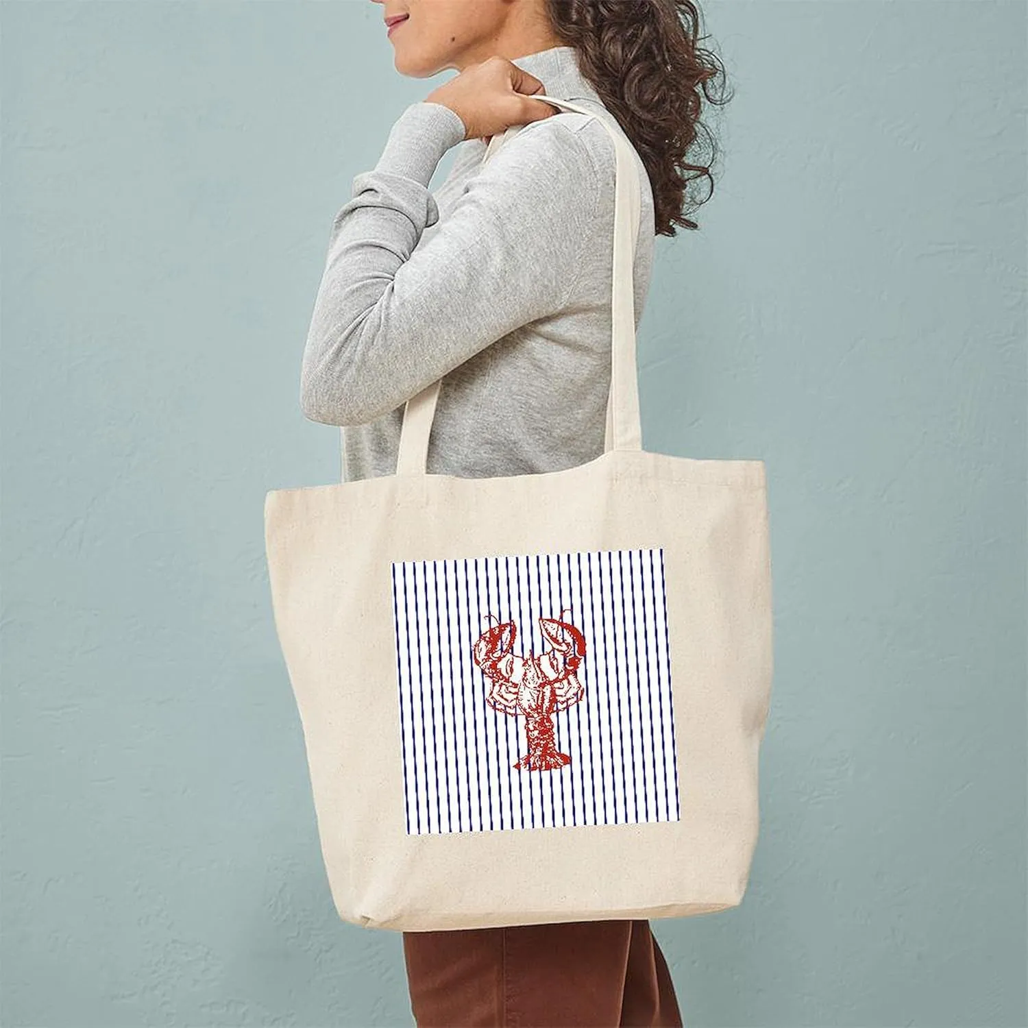 CafePress Blue Nautical Stripes Vintage Lobster Tote Bag Reusable Natural Beige Canvas Shopping Bag
