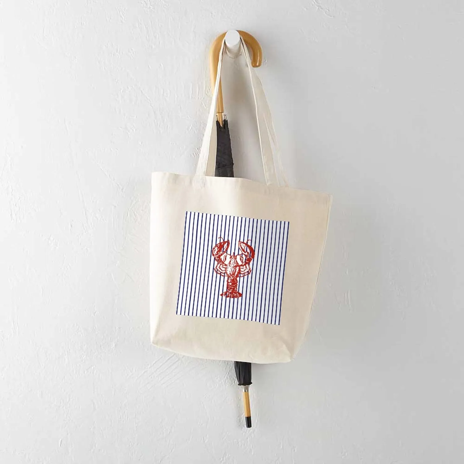 CafePress Blue Nautical Stripes Vintage Lobster Tote Bag Reusable Natural Beige Canvas Shopping Bag