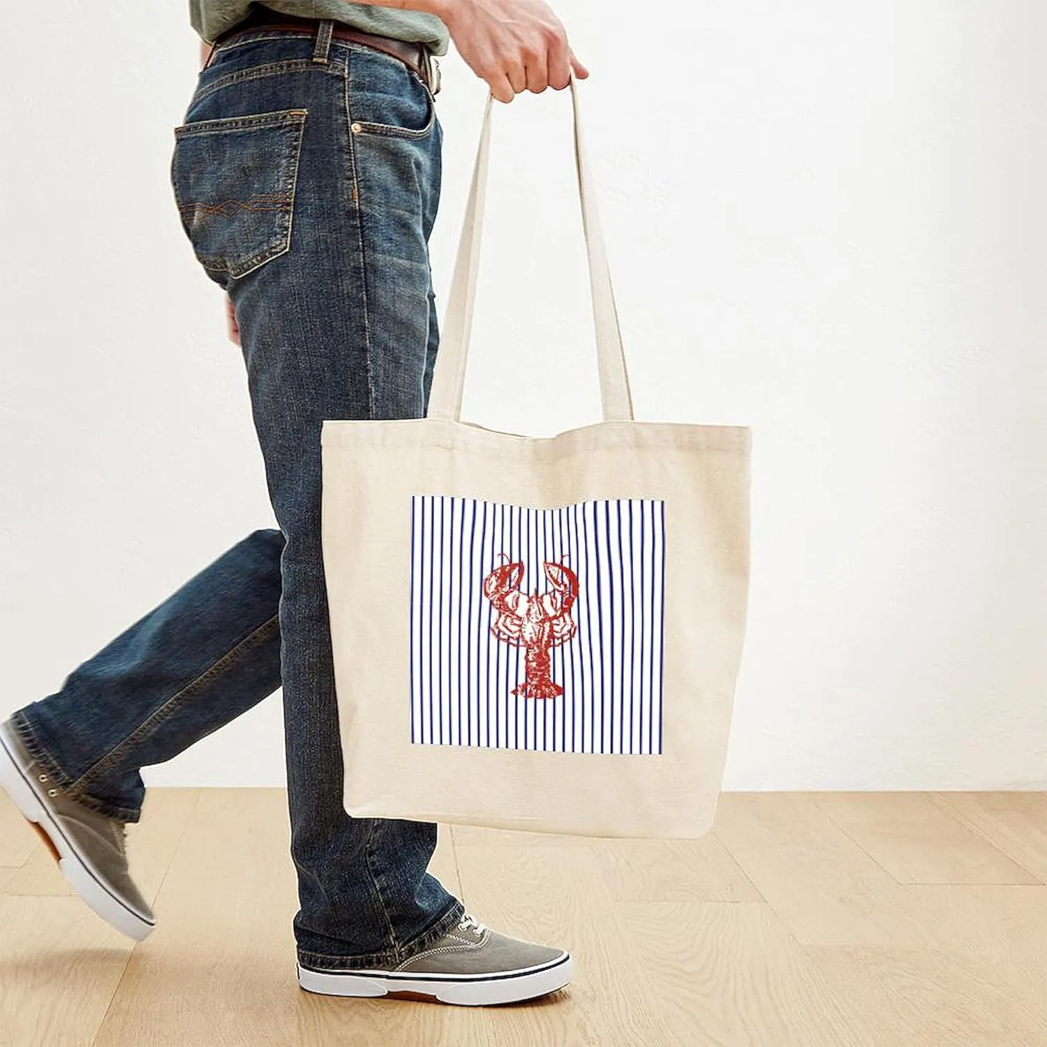 CafePress Blue Nautical Stripes Vintage Lobster Tote Bag Reusable Natural Beige Canvas Shopping Bag