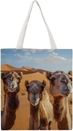 Camels in Desert Photos Canvas Tote Bags Portable Shopping Grocery Bag Shoulder Handbag with Handles