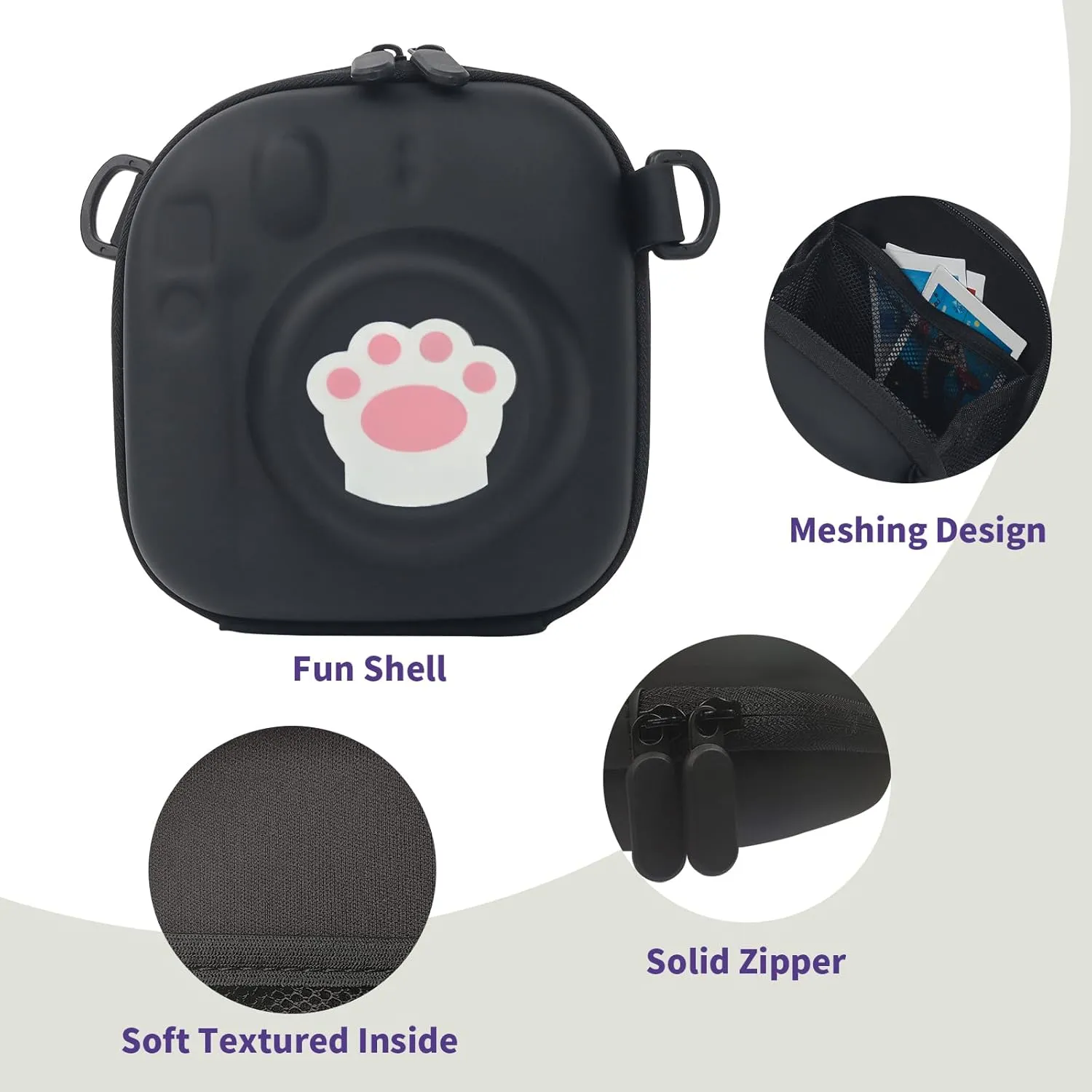 Camera Case for Instax Mini 99, Hard Carrying Case for Fuji Mini 12/Mini 40/Mini 11/Mini 10/Mini 9/Mini 8/Mini 7/Mini 70/Mini 90  Instant Camera Storage Bag with Shoulder Strap, Cat Paw Print, Black