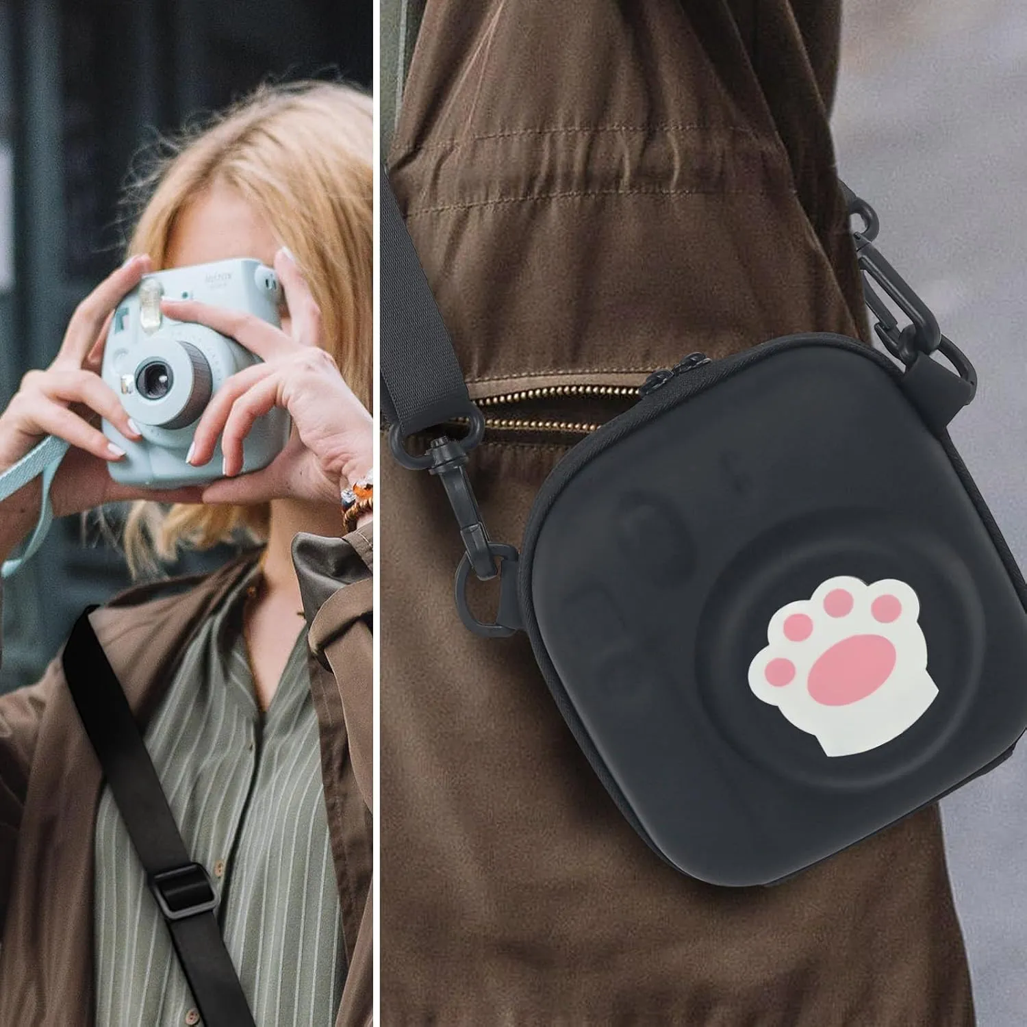 Camera Case for Instax Mini 99, Hard Carrying Case for Fuji Mini 12/Mini 40/Mini 11/Mini 10/Mini 9/Mini 8/Mini 7/Mini 70/Mini 90  Instant Camera Storage Bag with Shoulder Strap, Cat Paw Print, Black