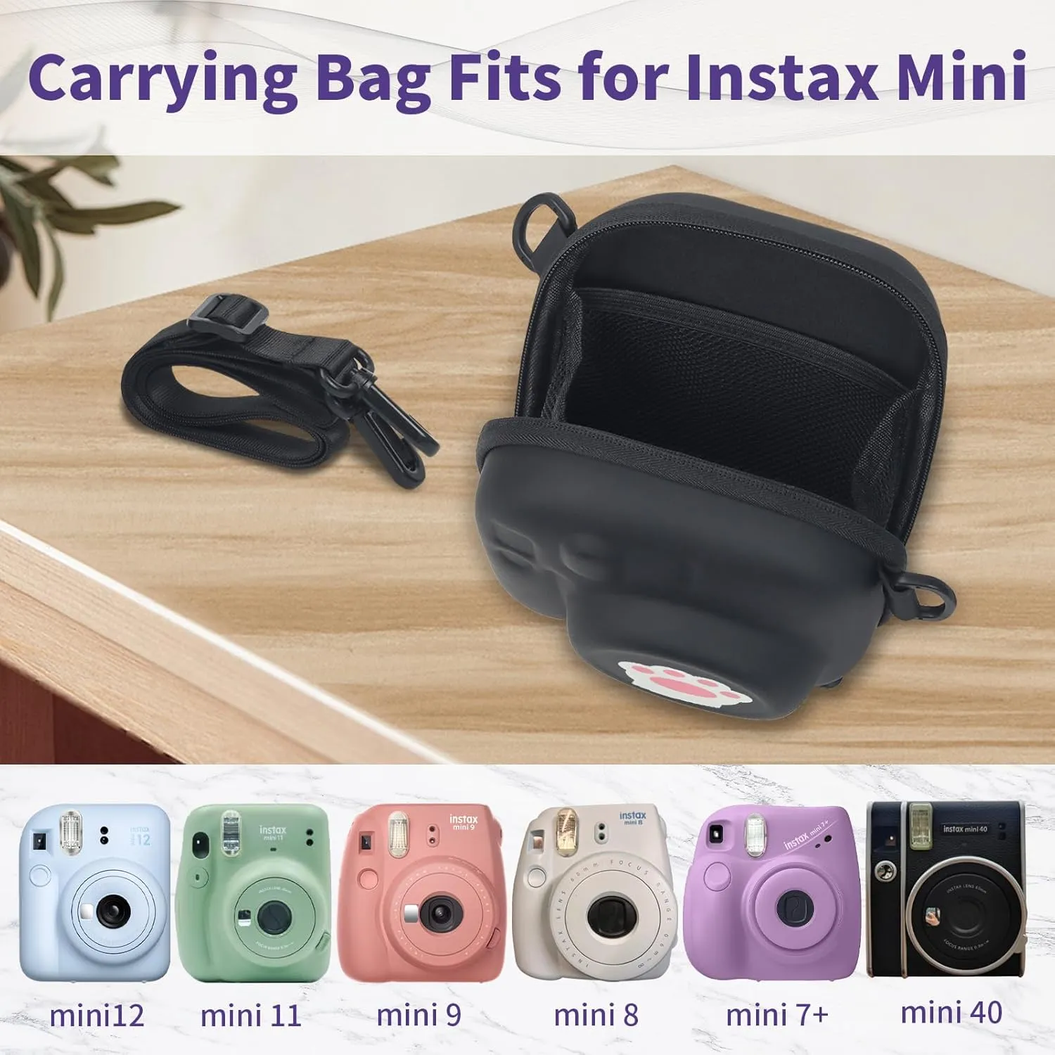 Camera Case for Instax Mini 99, Hard Carrying Case for Fuji Mini 12/Mini 40/Mini 11/Mini 10/Mini 9/Mini 8/Mini 7/Mini 70/Mini 90  Instant Camera Storage Bag with Shoulder Strap, Cat Paw Print, Black