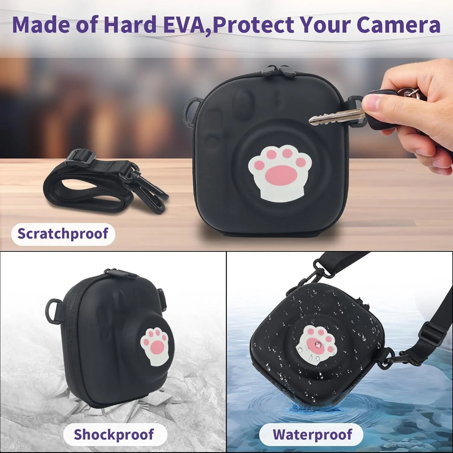 Camera Case for Instax Mini 99, Hard Carrying Case for Fuji Mini 12/Mini 40/Mini 11/Mini 10/Mini 9/Mini 8/Mini 7/Mini 70/Mini 90  Instant Camera Storage Bag with Shoulder Strap, Cat Paw Print, Black