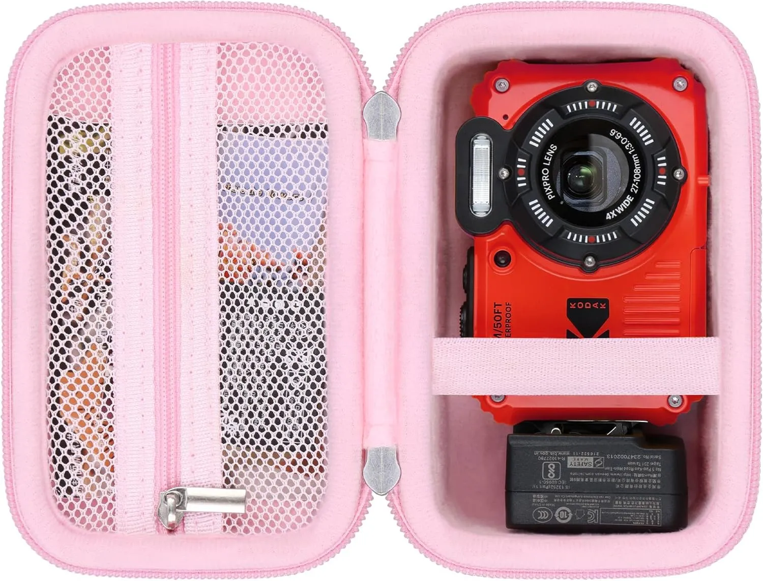 Camera Case for Kodak PIXPRO WPZ2 Rugged Waterproof Shockproof Dustproof Digital Camera, Underwater Photography Camera Travel Bag, Extra Mesh Pocket Fits USB Cable, Adapter and SD Cards, Pink