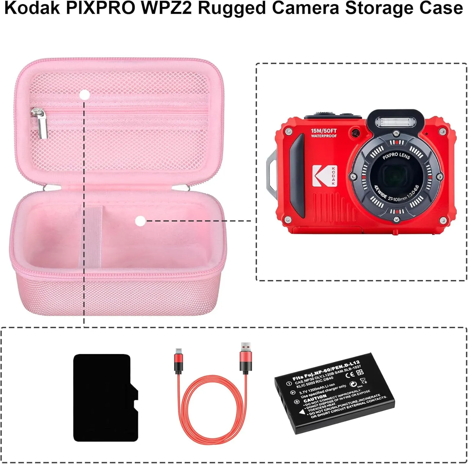 Camera Case for Kodak PIXPRO WPZ2 Rugged Waterproof Shockproof Dustproof Digital Camera, Underwater Photography Camera Travel Bag, Extra Mesh Pocket Fits USB Cable, Adapter and SD Cards, Pink