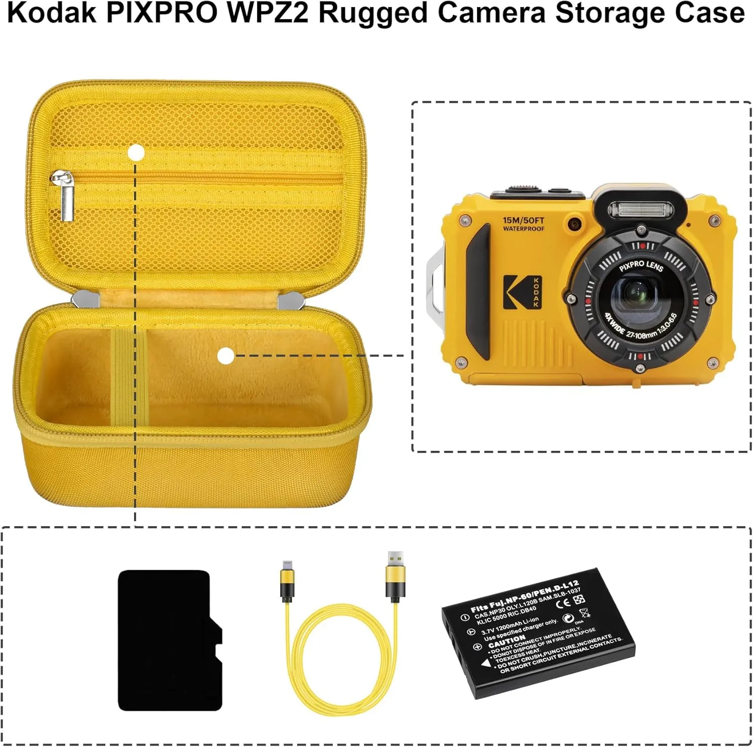 Camera Case for Kodak PIXPRO WPZ2 Rugged Waterproof Shockproof Dustproof Digital Camera, Underwater Photography Camera Travel Bag, Extra Mesh Pocket Fits USB Cable, Adapter and SD Cards, Yellow