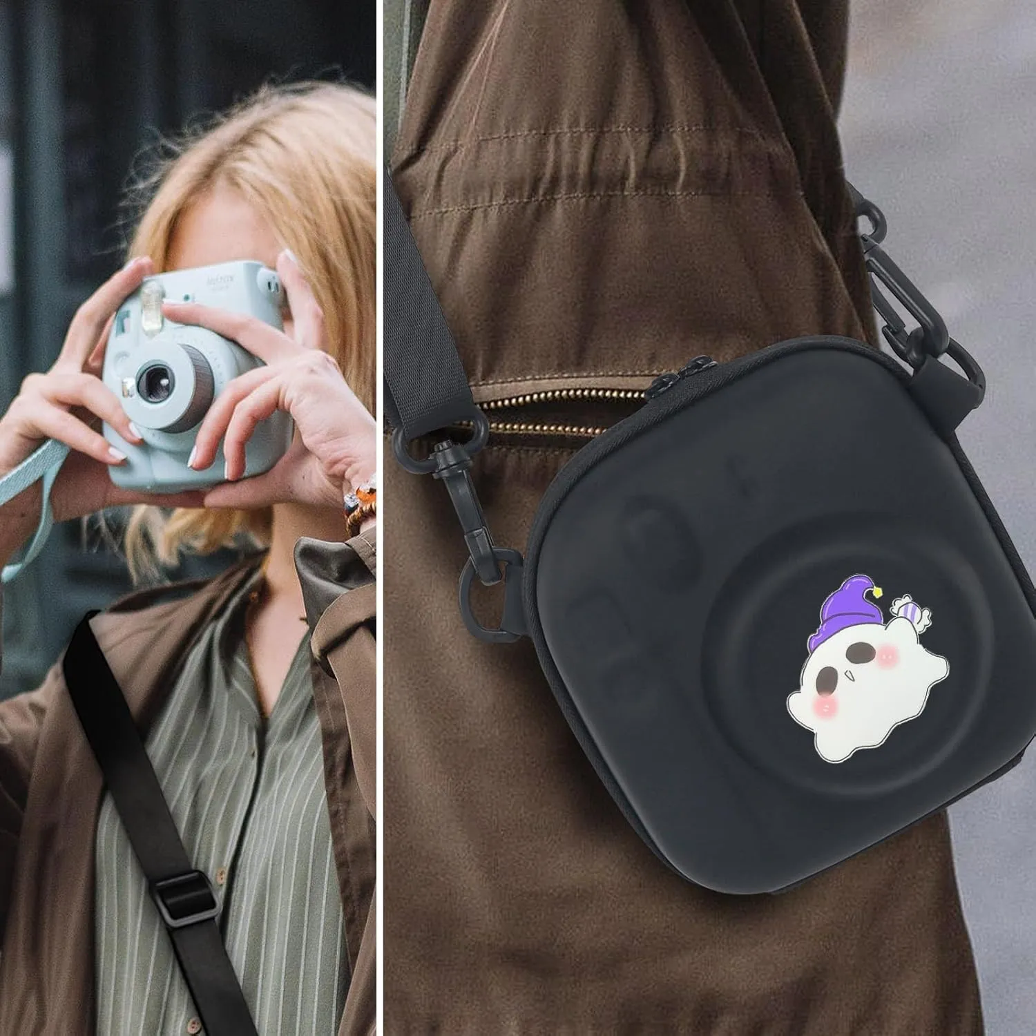 Camera Protective Case for Instax Mini 12, Hard Case for Fuji Mini 40/Mini 11/Mini 10/Mini 9/Mini 8/Mini 7  Instant Camera Carrying Storage Bag with Shoulder Strap with Ghost Print, Black