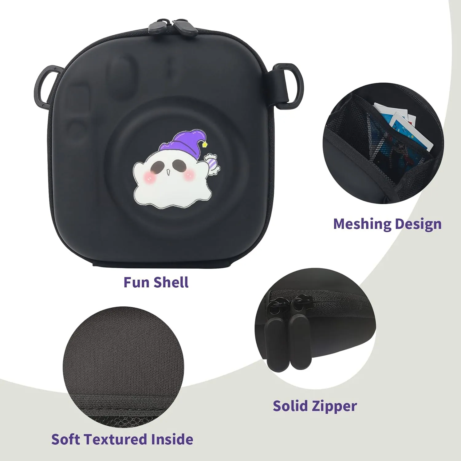 Camera Protective Case for Instax Mini 12, Hard Case for Fuji Mini 40/Mini 11/Mini 10/Mini 9/Mini 8/Mini 7  Instant Camera Carrying Storage Bag with Shoulder Strap with Ghost Print, Black