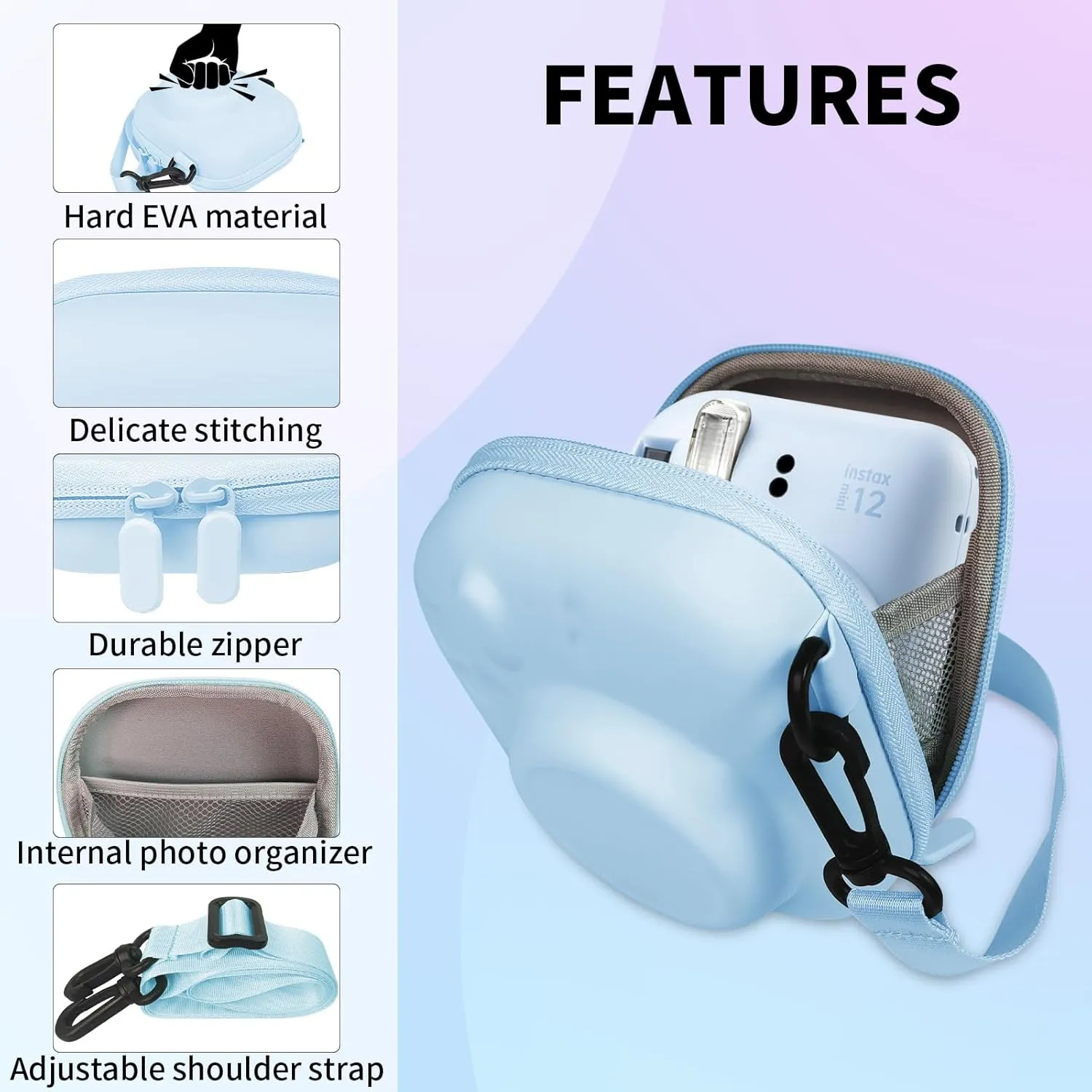 Camera Protective Case for Instax Mini Camera, Hard Carrying Case EVA Storage Protective Bag with Shoulder Strap for Fuji Mini 99/90/40/EVO/12/11/10/9/8/7  Instant Camera, Blue