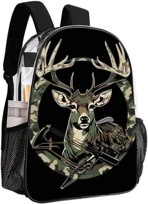 Camouflage American Flag Hunting Camo Deer Black Daypack Backpack Transparent Anti-Theft Multipurpose Bookbag Big Capacity Travel Hiking & Camping Rucksack With Smooth Zippers