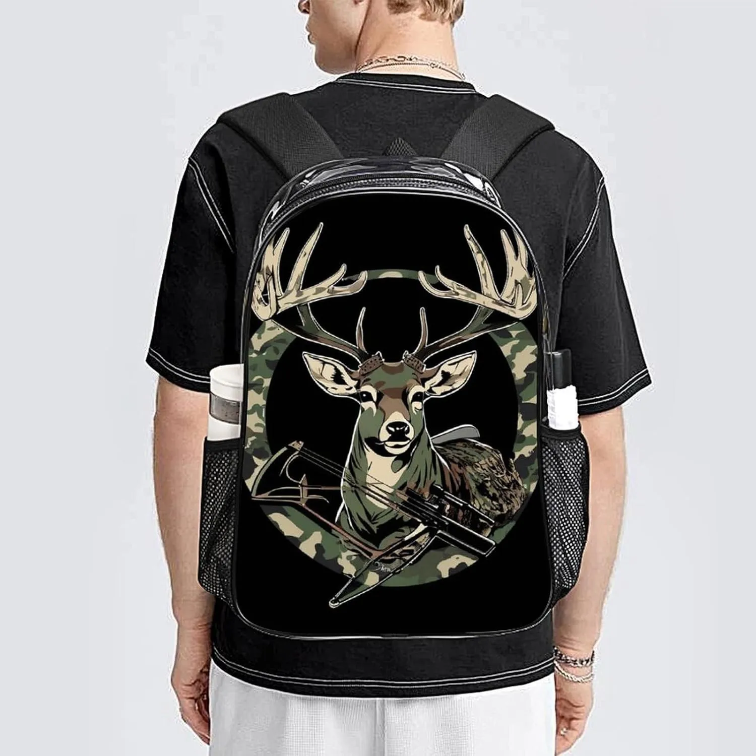 Camouflage American Flag Hunting Camo Deer Black Daypack Backpack Transparent Anti-Theft Multipurpose Bookbag Big Capacity Travel Hiking & Camping Rucksack With Smooth Zippers