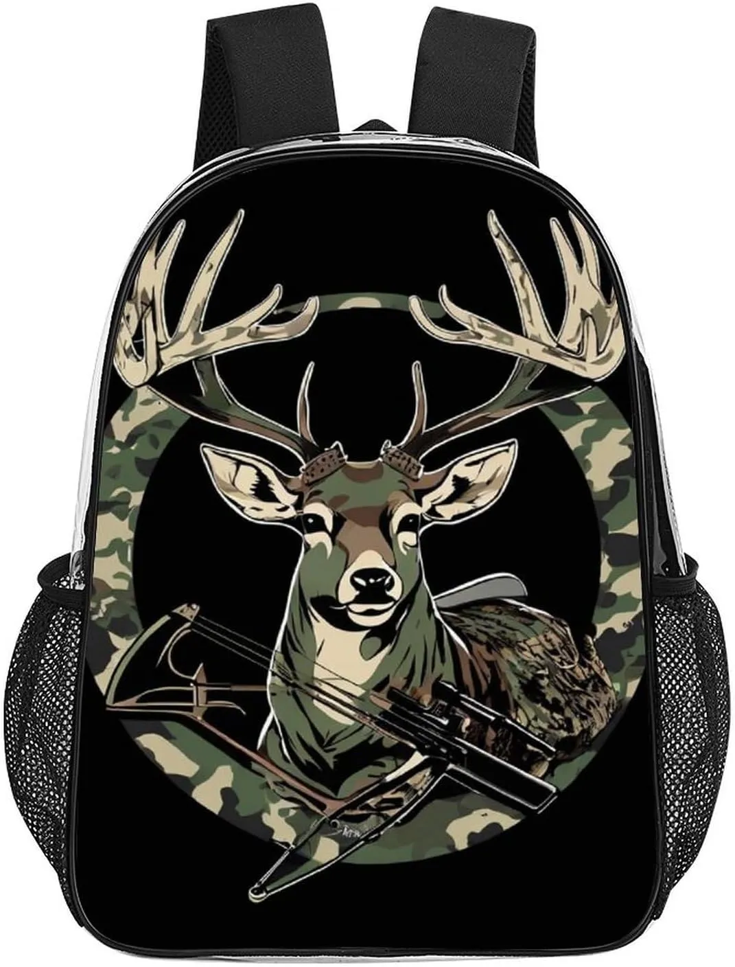 Camouflage American Flag Hunting Camo Deer Black Daypack Backpack Transparent Anti-Theft Multipurpose Bookbag Big Capacity Travel Hiking & Camping Rucksack With Smooth Zippers
