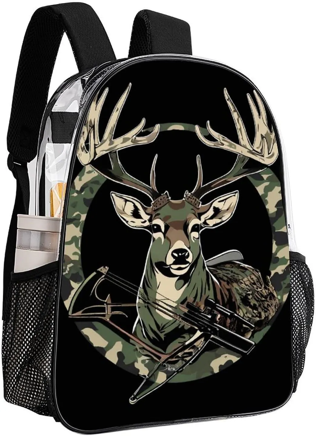 Camouflage American Flag Hunting Camo Deer Black Daypack Backpack Transparent Anti-Theft Multipurpose Bookbag Big Capacity Travel Hiking & Camping Rucksack With Smooth Zippers