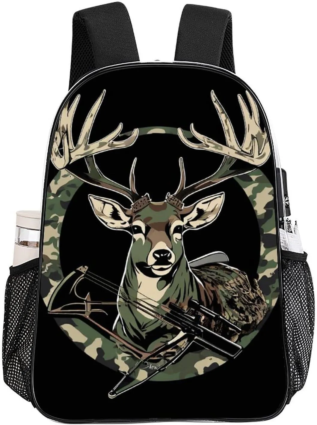 Camouflage American Flag Hunting Camo Deer Black Daypack Backpack Transparent Anti-Theft Multipurpose Bookbag Big Capacity Travel Hiking & Camping Rucksack With Smooth Zippers