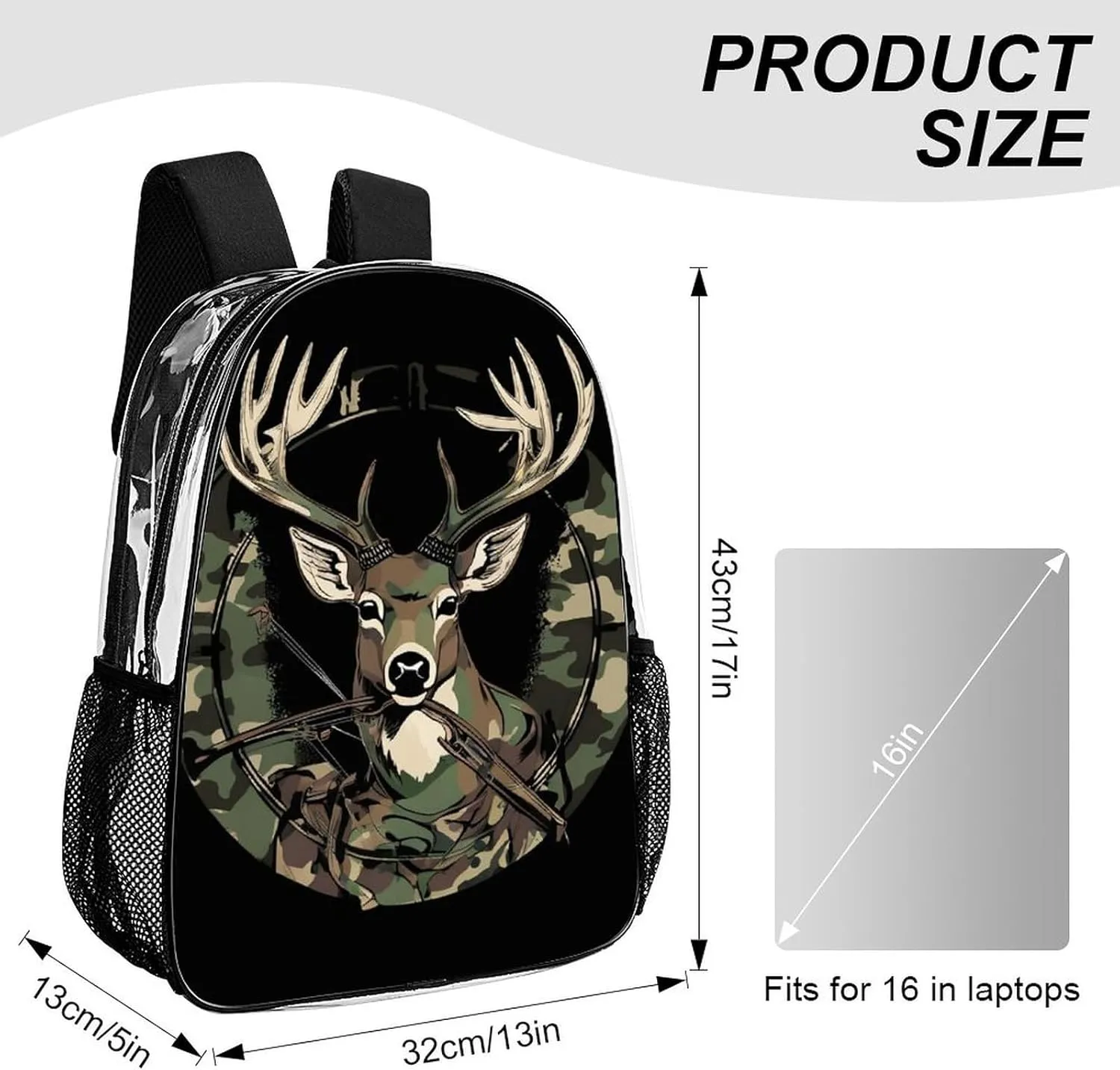 Camouflage American Flag Hunting Camo Deer Black Rucksack Transparent Anti-Theft Multipurpose Carry On Bag Large Capacity Travel and Sport Backpack Rucksack With Smooth Zippers