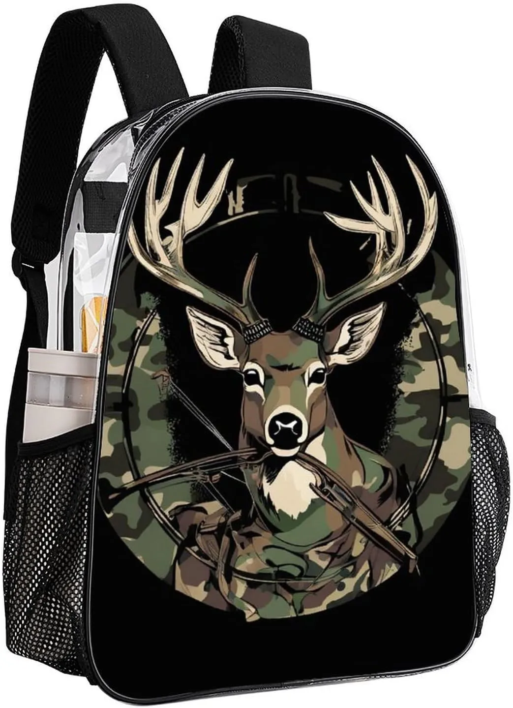 Camouflage American Flag Hunting Camo Deer Black Rucksack Transparent Anti-Theft Multipurpose Carry On Bag Large Capacity Travel and Sport Backpack Rucksack With Smooth Zippers