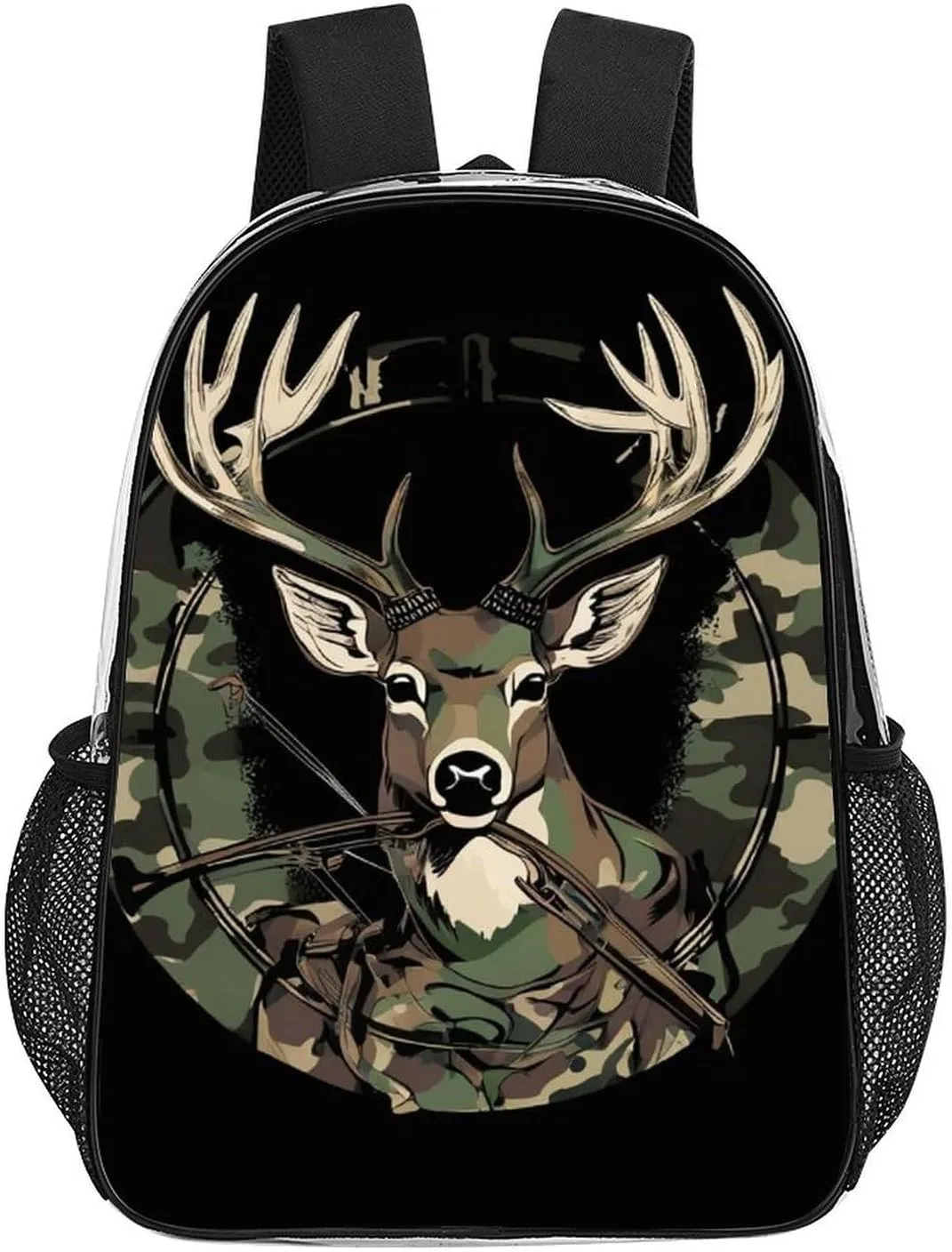 Camouflage American Flag Hunting Camo Deer Black Rucksack Transparent Anti-Theft Multipurpose Carry On Bag Large Capacity Travel and Sport Backpack Rucksack With Smooth Zippers
