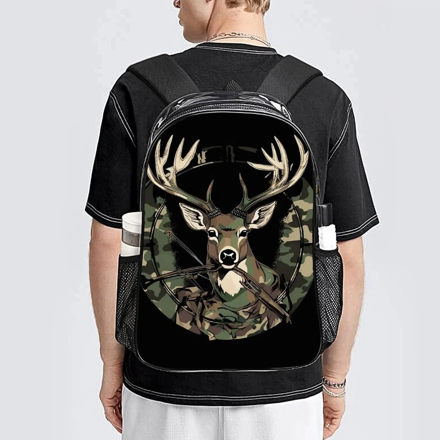 Camouflage American Flag Hunting Camo Deer Black Rucksack Transparent Anti-Theft Multipurpose Carry On Bag Large Capacity Travel and Sport Backpack Rucksack With Smooth Zippers