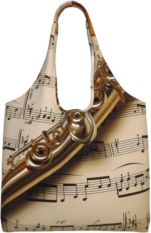 Canvas Aesthetic Tote Bag for Women Handbag Flute Music Reusable Grocery Bags with Handles