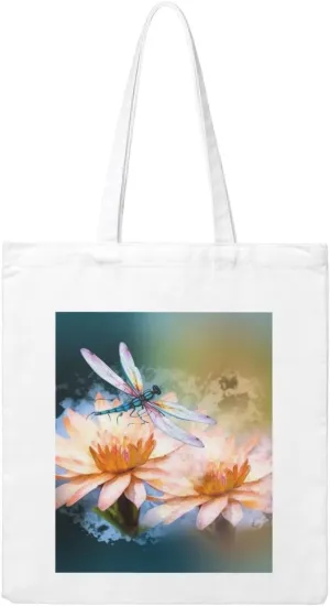 Canvas Aesthetic Tote Bag for Women Handbag Flying Dragonflies Lily Flower Reusable Grocery Bags with Handles