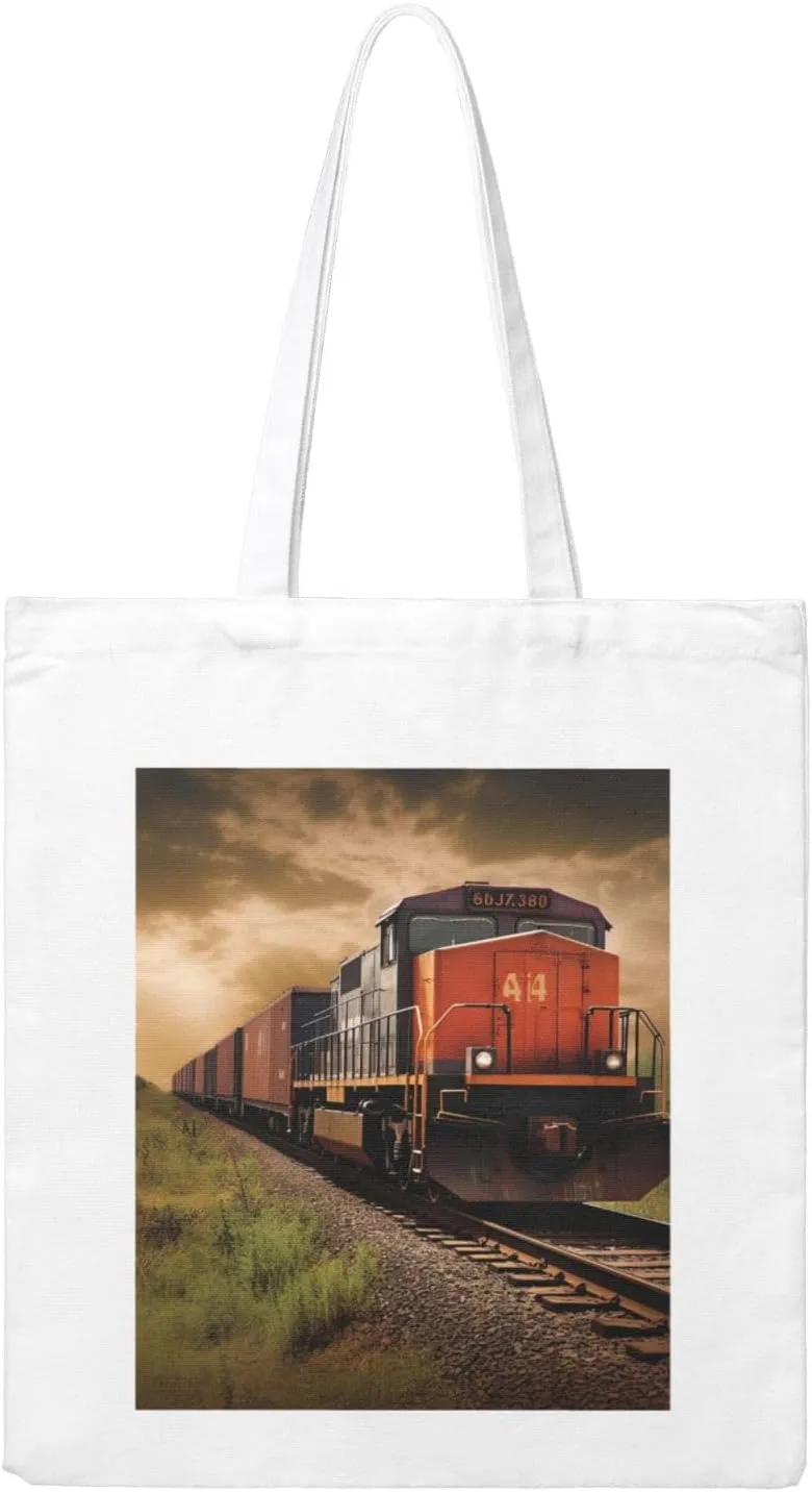 Canvas Aesthetic Tote Bag for Women Handbag Freight Train Reusable Grocery Bags with Handles