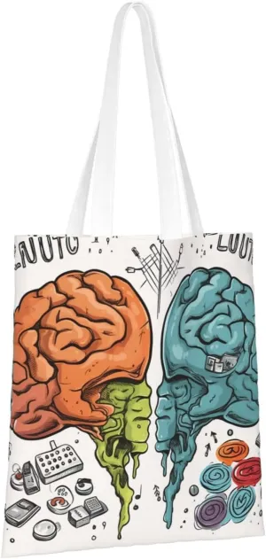 Canvas Aesthetic Tote Bag for Women Handbag Left and Right Brain Functions Reusable Grocery Bags with Handles